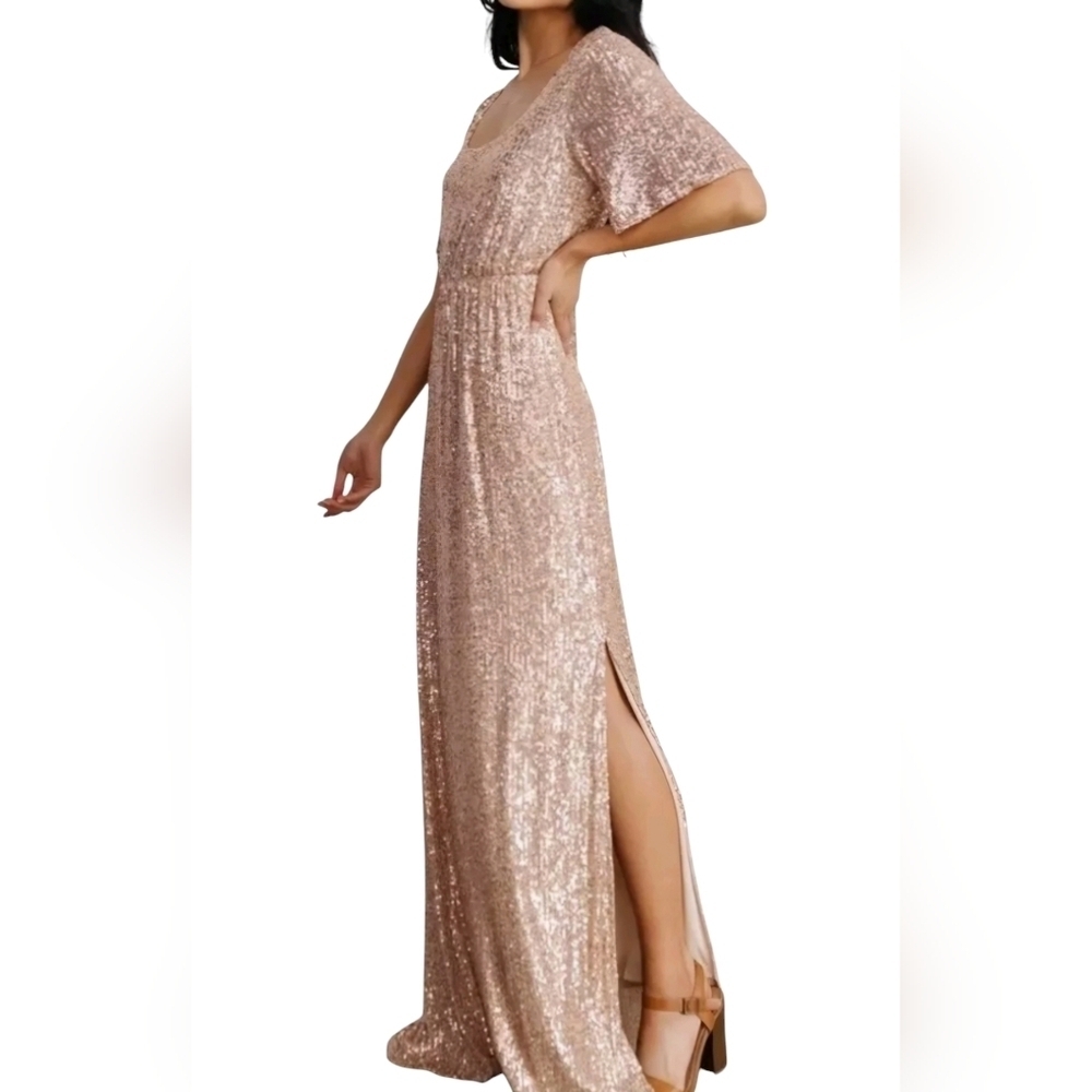 Baltic Born Bridesmaid Sequined Rose Gold Side Slit‎ Maxi Dress Sz Small